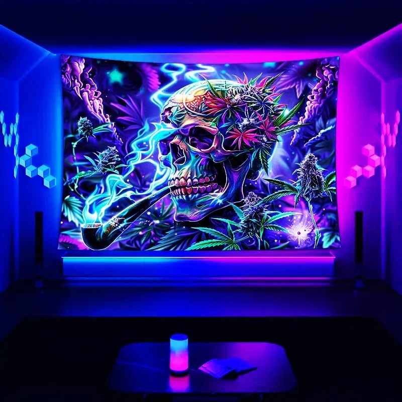 VIKAMA Trippy Jungle Wall Hanging, Neon Glowing Skull Pipe Fantasy Plant Tapestry, Dark Gothic Indoor Wall Decor