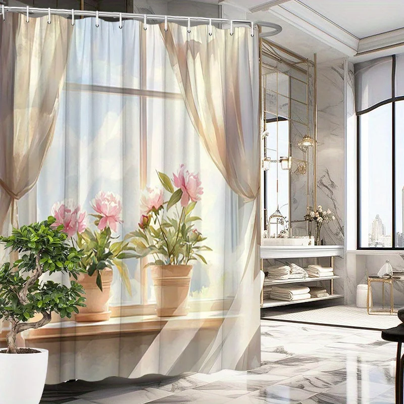 

1pc Misty Mountain Peonies Shower Curtain - Soft Pink Peonies, Mountainous Landscape, Polyester,70.8x70.8",Dreamy Bathroom Decor