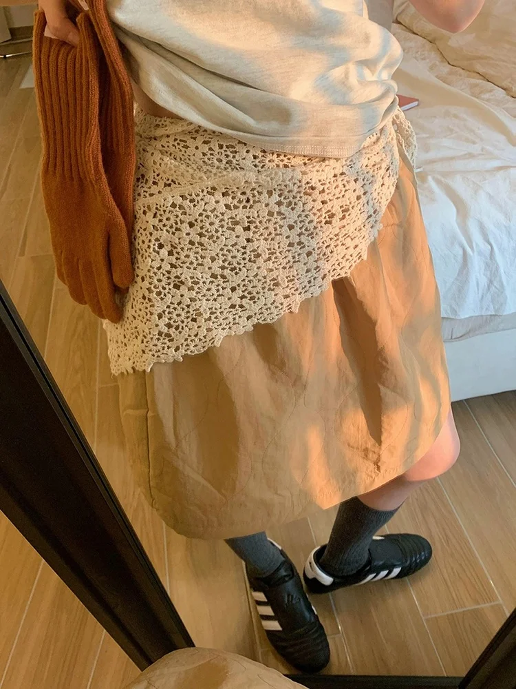 Lace Hook Knitted Hollow out Silk Scarf Layering Spring Summer Vintage  Skirt Curtain mid Waist A-Line Short Skirt