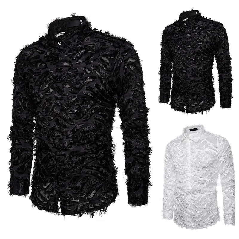 

2 Colors!2024 Summer New Men's Shirt Handmade Three Dimensional Feather Fabric Featured Collar Long Sleeve Shirt