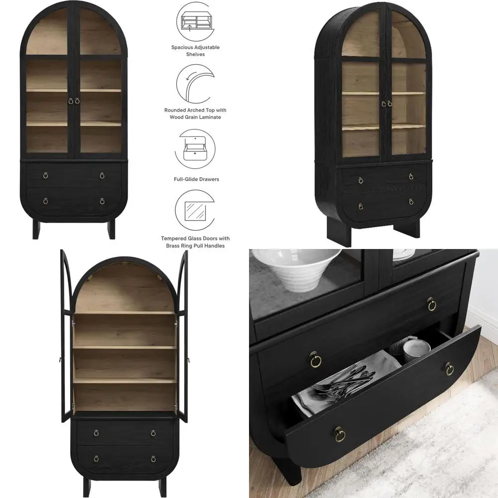 

Nyx Arched Display Cabinet in Black – Tall ern Storage Cabinet with Glass Doand Ders – Arch Cabinet with Adjustable Shelves or D