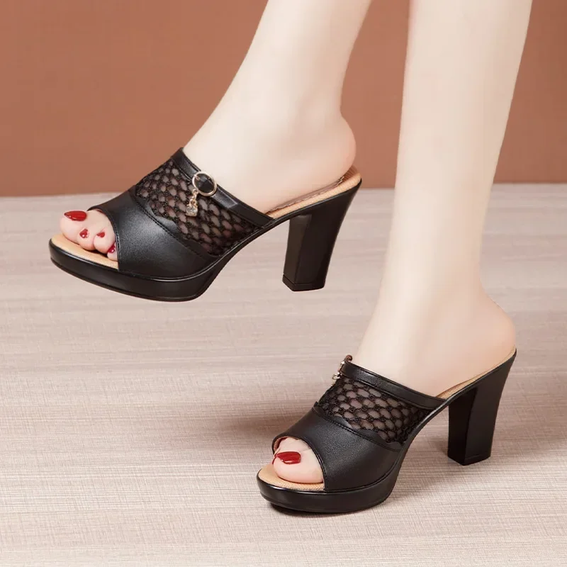 8cm 10cm Small Size Cutout Mesh Leather Shoes Platform Slippers Women 2024 Summer Block High Heels Slides for Office Model Mom