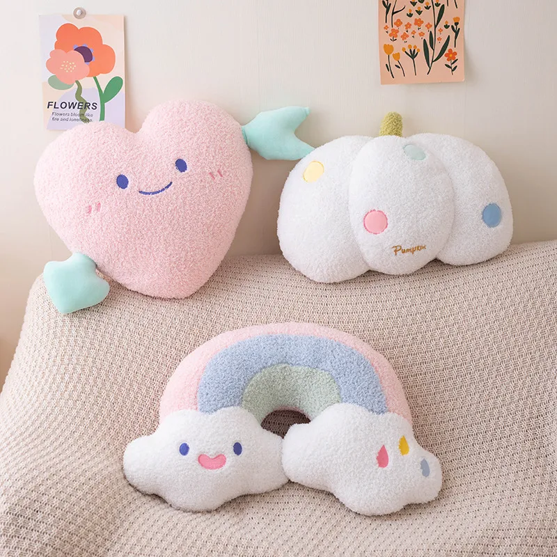 Almohada de felpa suave de arcoíris, cojín de peluche de corazón rosa, calabaza, abrazo, unicornio, juguete de felpa, almohada de masaje para dormitorio de niña