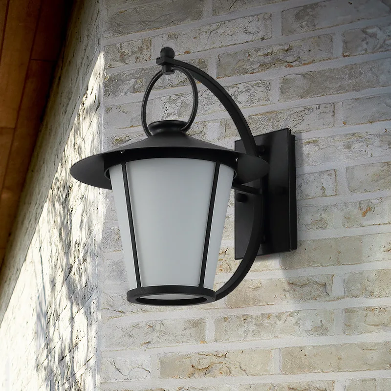 Vintage Wrought Iron Matte Black Painted Outdoor Wall Lamp Waterpro E27 LED Light WitMilky White Glass Shade Courtyard