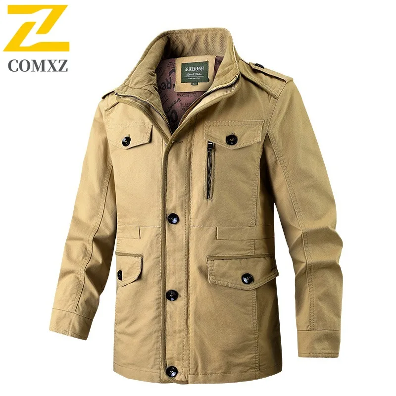 

COMXZ 2025 Spring Autumn Men Jacket New Pure Cotton Coat Casual Loose Fit Big Size Long Line Warm tactic lightweight windbreaker
