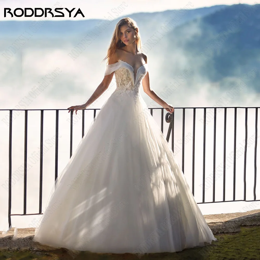 RODDRSY Princess Wedding Dress For Bride Off Shoulder V-Neck Backless Bride Gowns A-Line Lace Applique Civil vestido de noiva