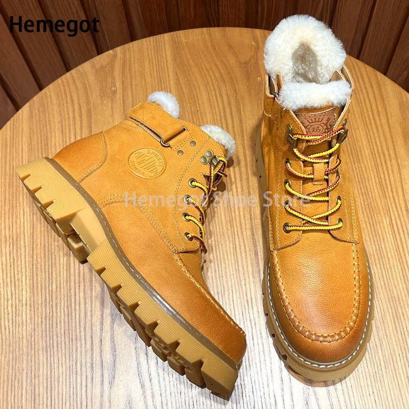 Men Wool Snow Boots Winter High-Top Shoes Lace-Up Thick Winter Warm Booties Genuine Leather Ankle Male Boots Casual Shoes