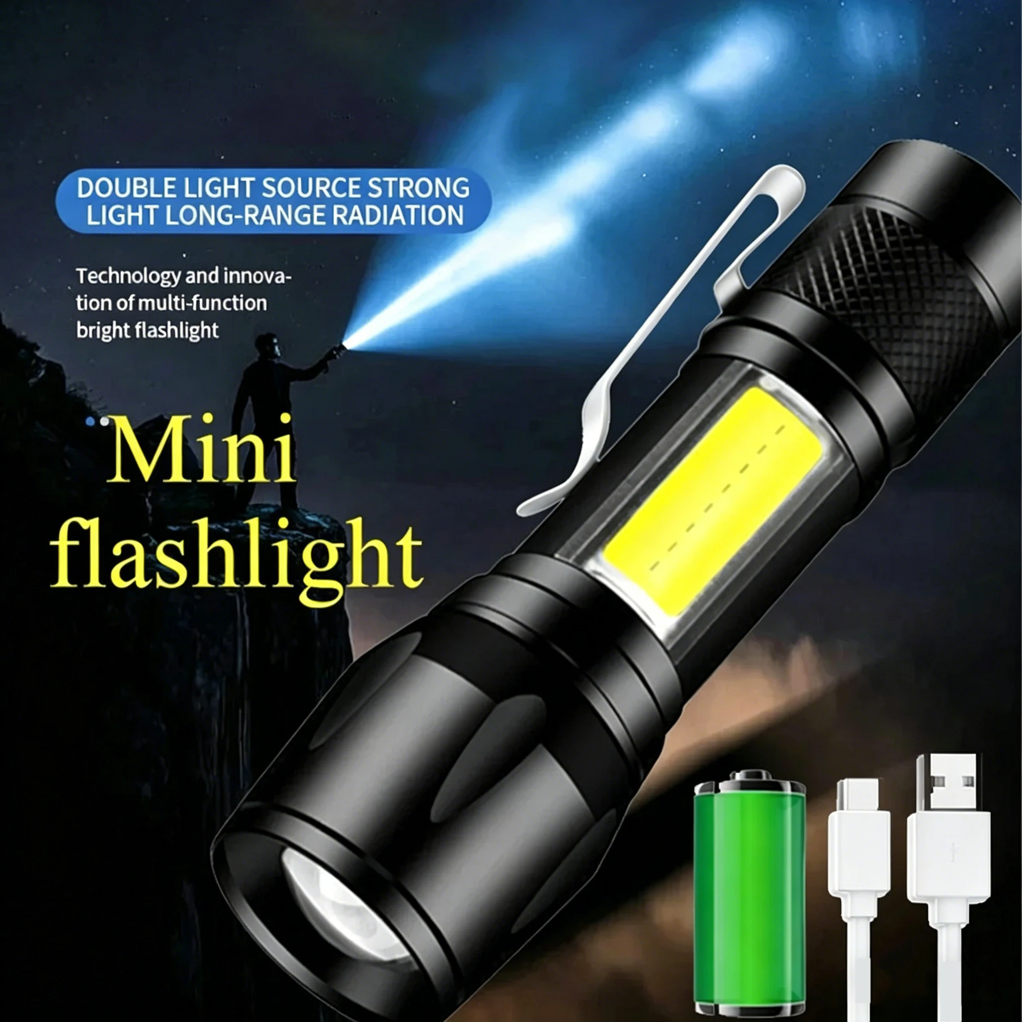 Mini lanterna led cob + xpe, tocha portátil, carregamento usb, lanterna para acampamento, foco ajustável, lanterna tática com clipe para caneta