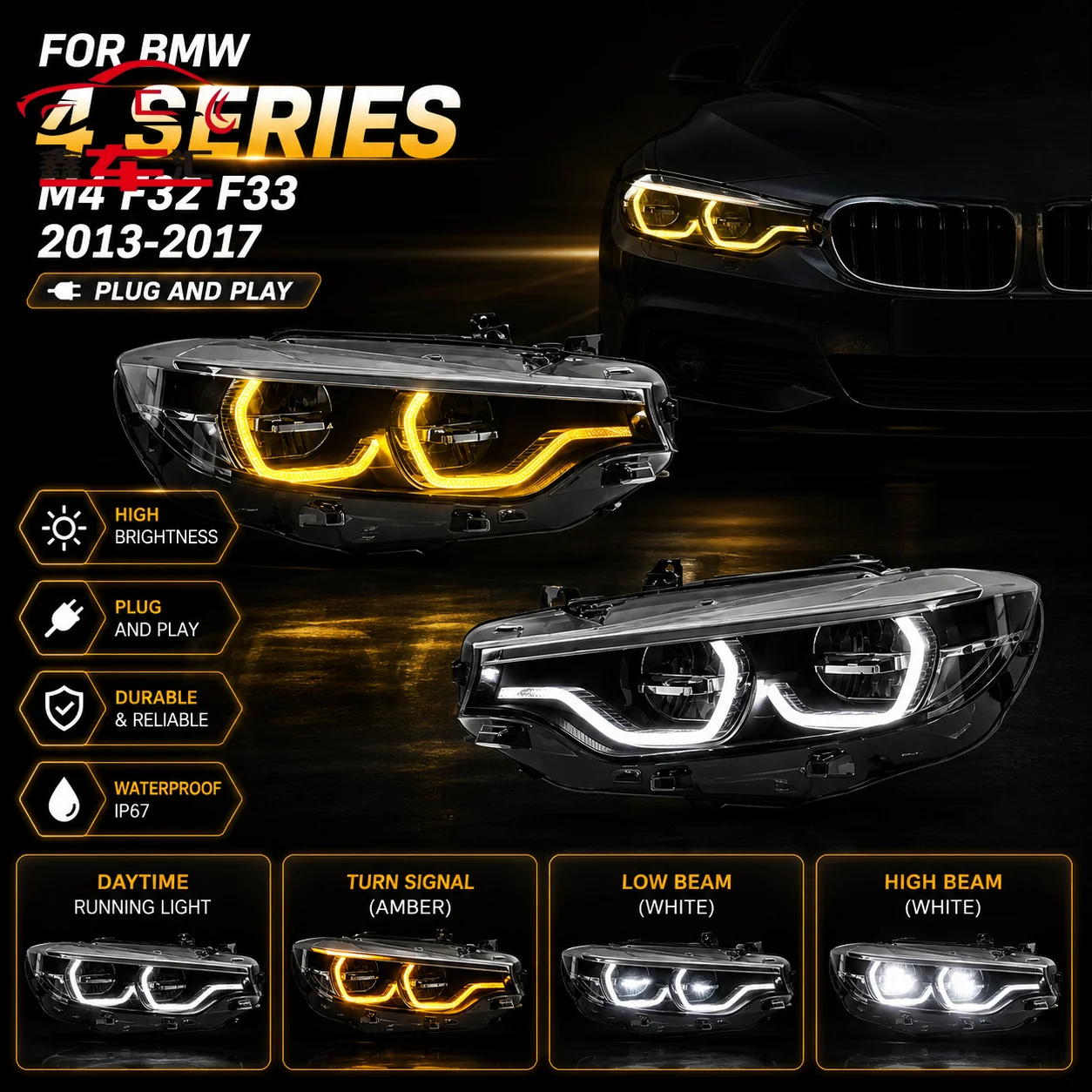 

Car LED Headlight Light Parts For BMW 4 Series M4 F32 F33 2013-2017 Auto Fog DRL Brake Turn Signal Lamp Plug And Play