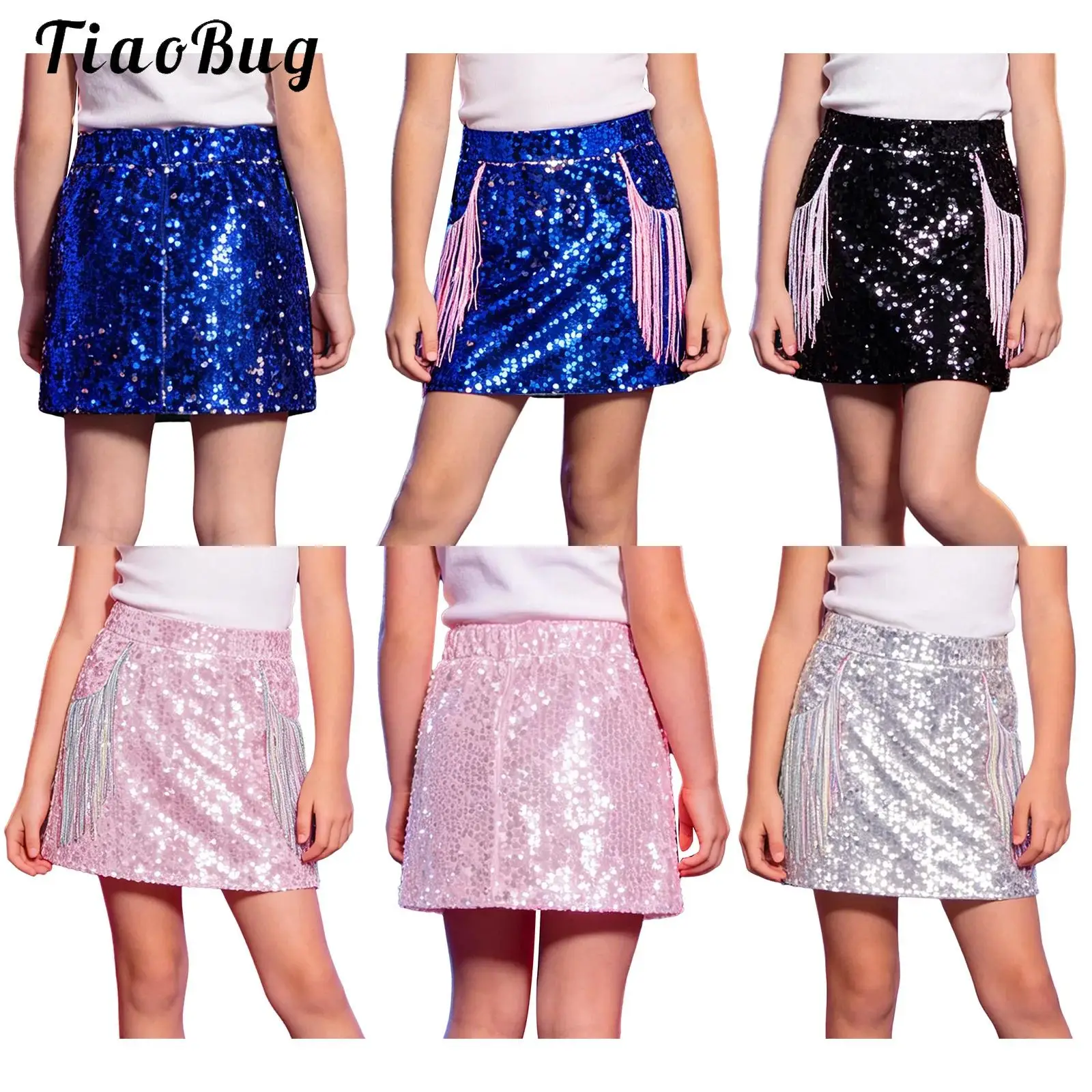 

Kids Girls Kids Girls Jazz Dance Skirt Zipper Trim Back Elastic Band Lining Miniskirt with Tassel Side Pockets