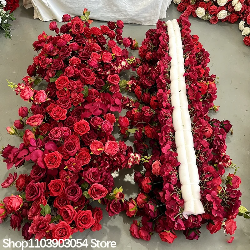 Rote Rosenblumenreihe, künstliches Blumenpaneel, stilvolles Deko-Accessoire, ideal für Hochzeitskulissen, Bühnen, Feiertagspartys und Event-Layouts. – Detail 3