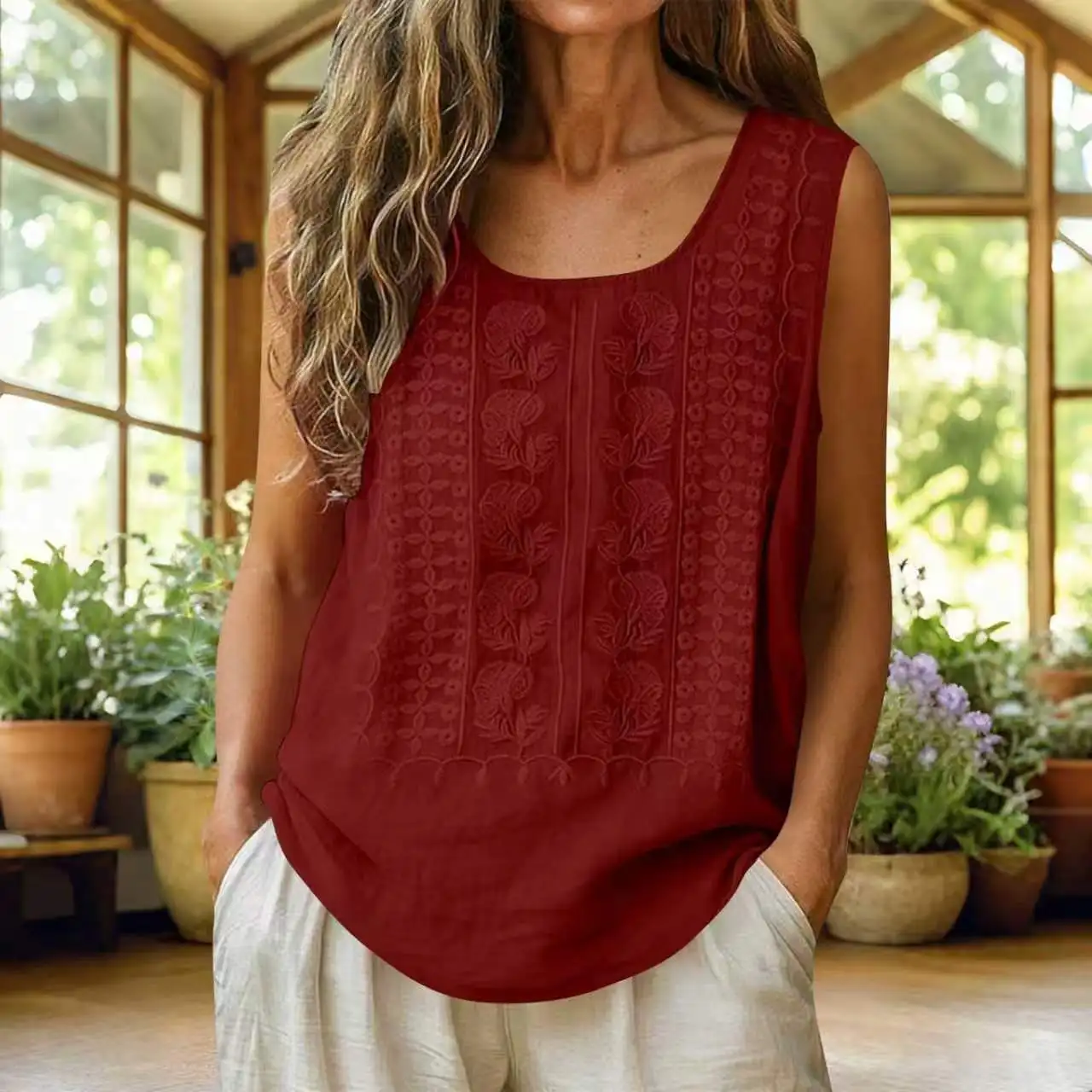 New Best-Selling Women's Casual Sleeveless Embroidered Cotton-Linen Top on Amazon for Cross-Border Trade to Europe and the U.S.