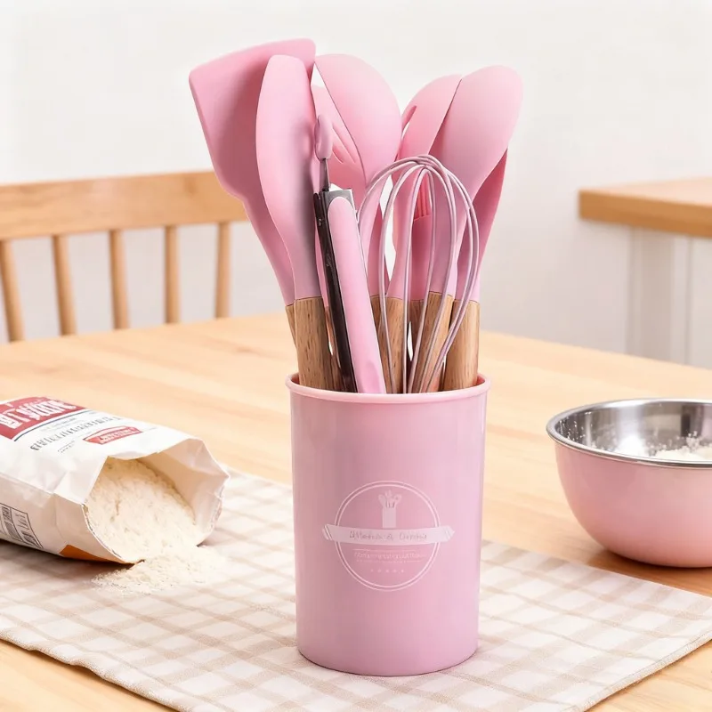 12Pcs Silicone Kitchen Utensils Cooking Wooden Handle Non Stick Pot Kitchenware Set Storage Bucket Silicone Kitchen Utensils