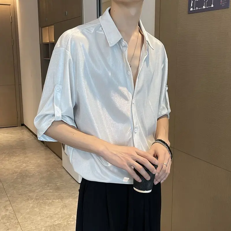 Spring Summer New Fashion Solid Square Neck Middle Sleeve Shirts Men\'s Clothing Trend Single Breasted Korean Cardigan Y2K Blouse