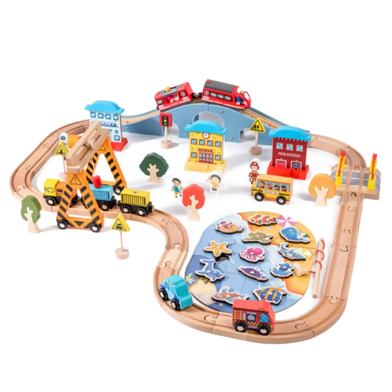 82 Pieces Wooden Train Track and Fishing Play Set Colorful Wooden Railway Play Set with Fishing Area Interactive for Children