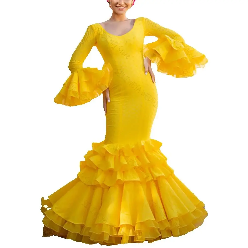 Leuchtend gelbes Flamenco-Tanzkleid mit Rüschen, ausgestellten Ärmeln, schicke Ballkleider mit langen Ärmeln, weibliches Party-Abendkleid