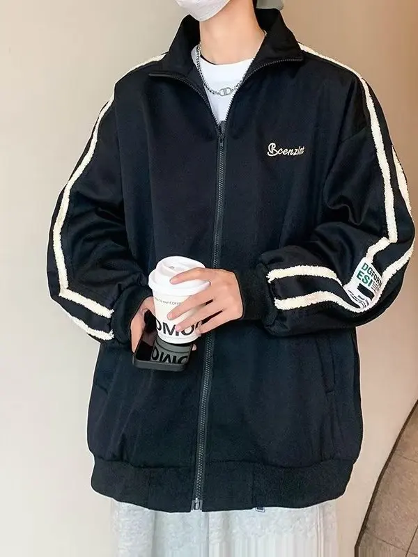 American Retro Collar Jaet Men's Trendy Cleanfit Loose Baseball Spring Autumn Stripe Splicing Outerwear Casual Sle Zipper...