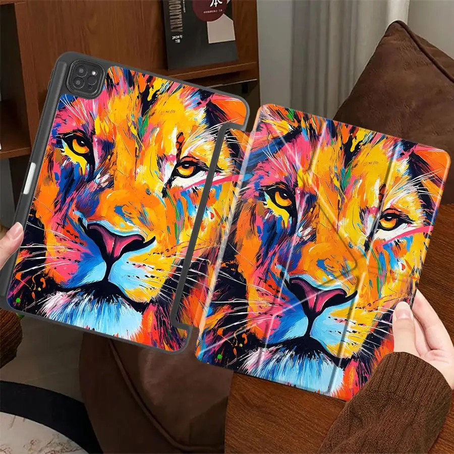Holder Cover Tablet Case For iPad Mini 6 7 Pro 2025 Pro 11th 10th 9th 8th 7th 12.9inch Air 4 5 M3 M2 M4 11inch Cartoon Lion Art
