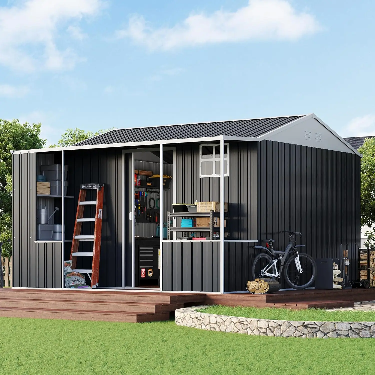 10x10.5x7FT Metal Storage Shed Dual-Zone Tool Work Area Reinforced Frame Gable Roof Ventilated Dark Grey, Custom