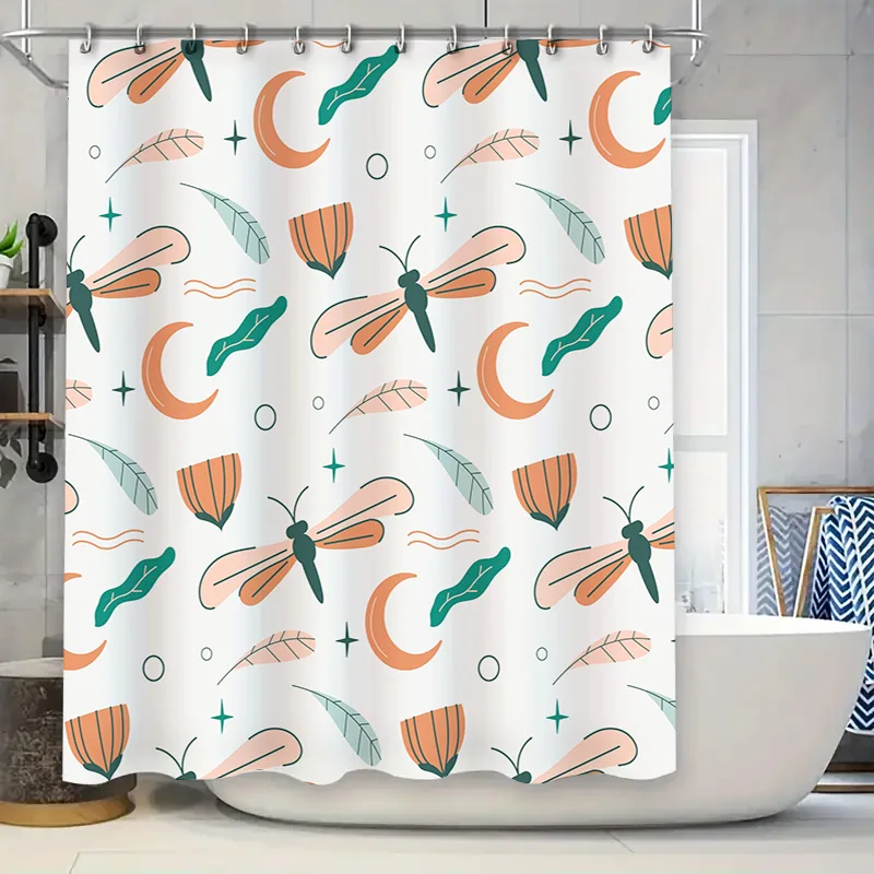 Modern Floral Moon Dragonfly Print Shower Curtain White Background with Orange and Green Accents for Bathroom Decoration 72x84 i