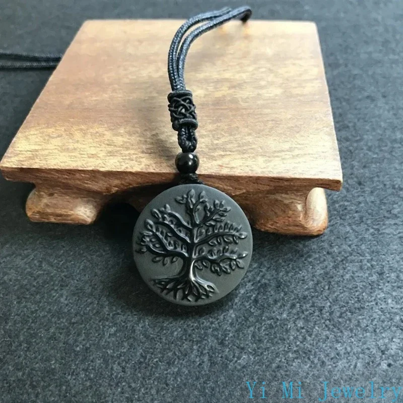 Natural Genuine Obsidian Life Tree Necklace Pendant Healing Crystal Guardian Jade Pendant Male and Female Jade Necklace Jewelry