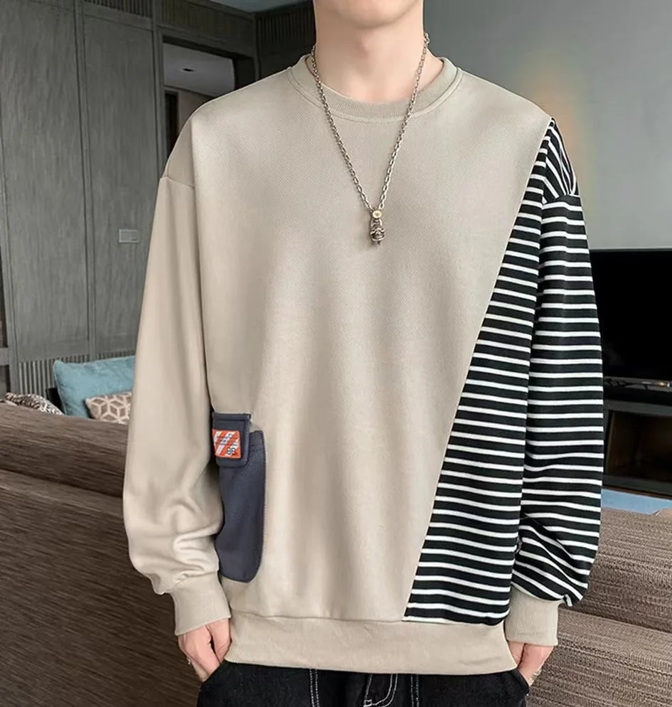 Sweater Spring New And Autumn Loose All-Match Long-Sleeved t-Shirt Stitching Striped Top y2k Clothes Men's Clothing Pullover