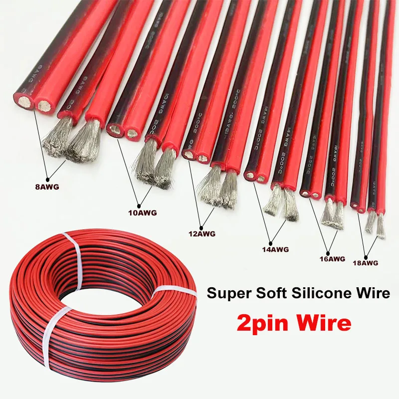 2Pin Silicone Cable 8 10 12 14 16 18 20 22 24 26 28AWG Super Soft Copper Electrical Wire 1m~50m For Car Battery Inverter Motor