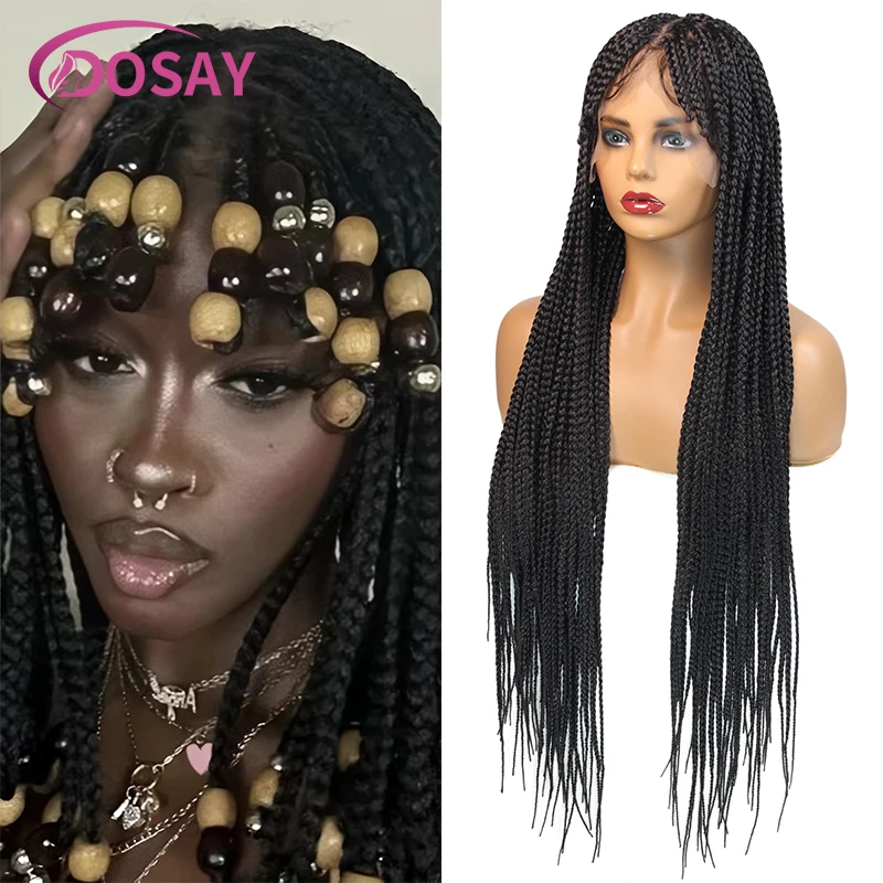 Dosay-peluca sintética con flequillo frontal para mujeres negras, peluca trenzada negra con trenzas de caja sin nudos, cabello duradero, 32"