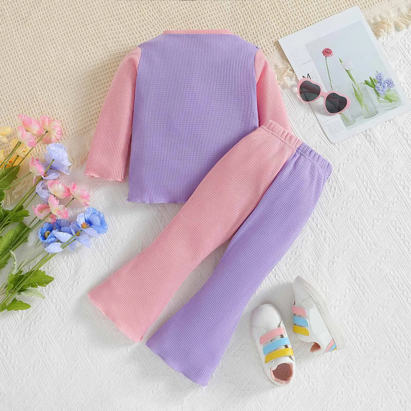 Kids Toddler Baby Girls Clothes Sets Patchwork Cotton Ribbed Long Sleeve Tops Bell Bottom Two Pieces Outfits Clothes For 1-5T