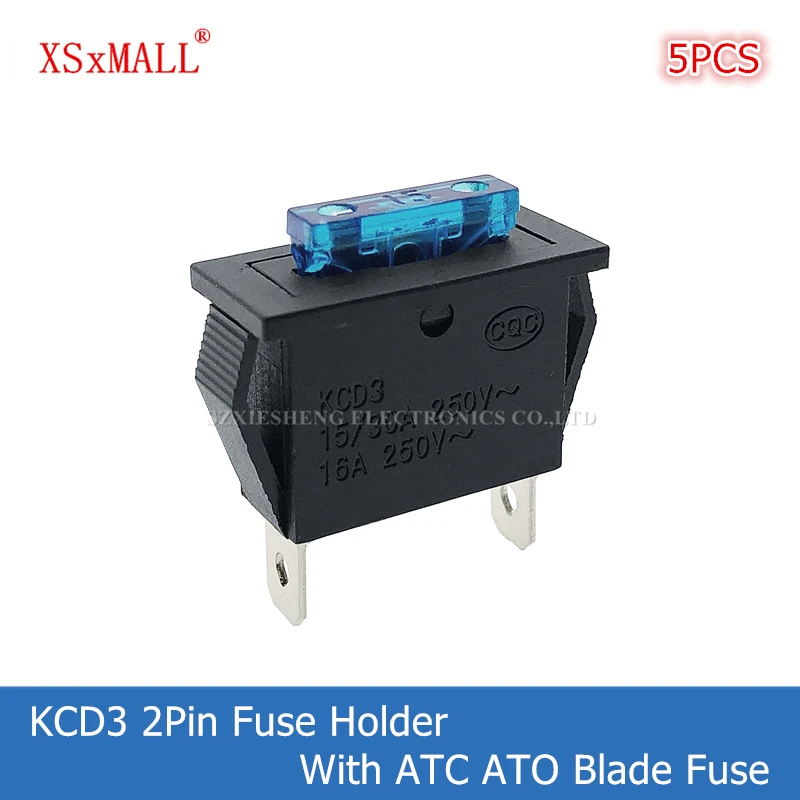 5PCS KCD3 2Pin Medium Standard Auto Fuse Holder 15A/30A 250V 16A Clamp Embedded Fixed Panel Mounting With ATC ATO Blade Fuse