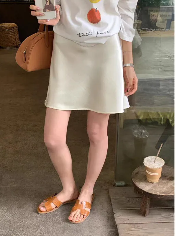 MosesQueen Green Silk Satin A-Line  Skirt Summer Elegant Commuting Slimming High Waist Polyester Fiber Casual Fish Tail S...