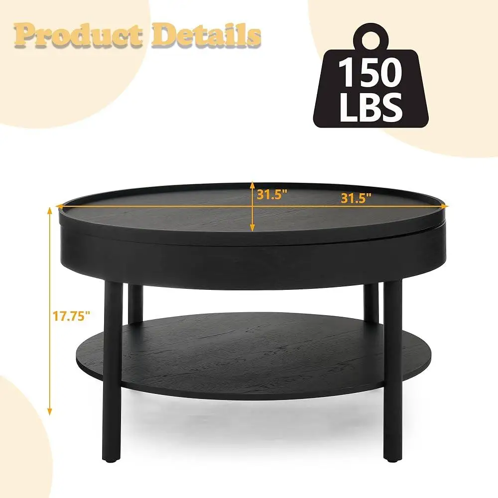Modern Circular Coffee Table 3-Layer Storage Rotating Top Living Room Tea Table Rubber Wood Design Functional Home Furniture