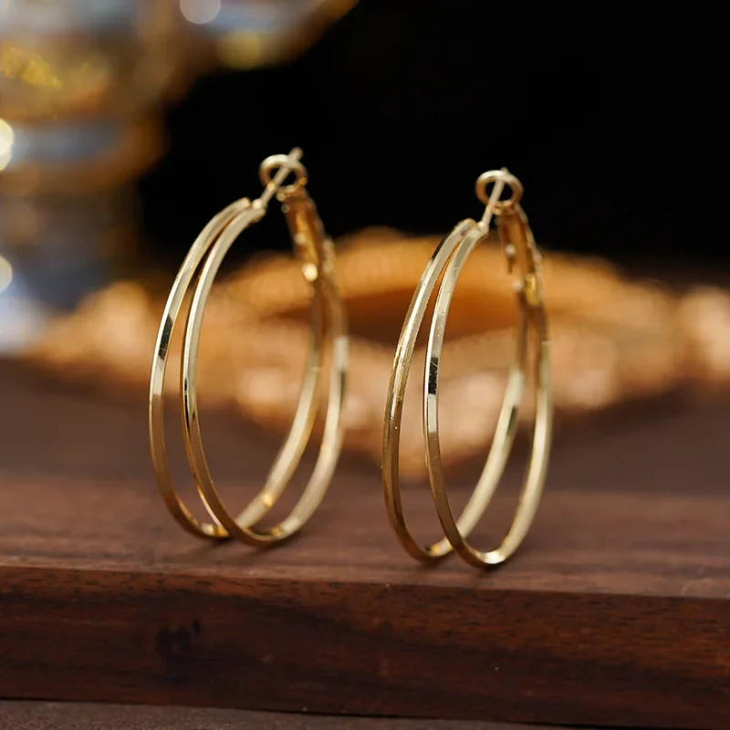 4CM Big Double Layers Hoop Earring for Women Hiphop Rock Temperament Simple Gold Color Circle Round Jewelry Brincos Orejeras