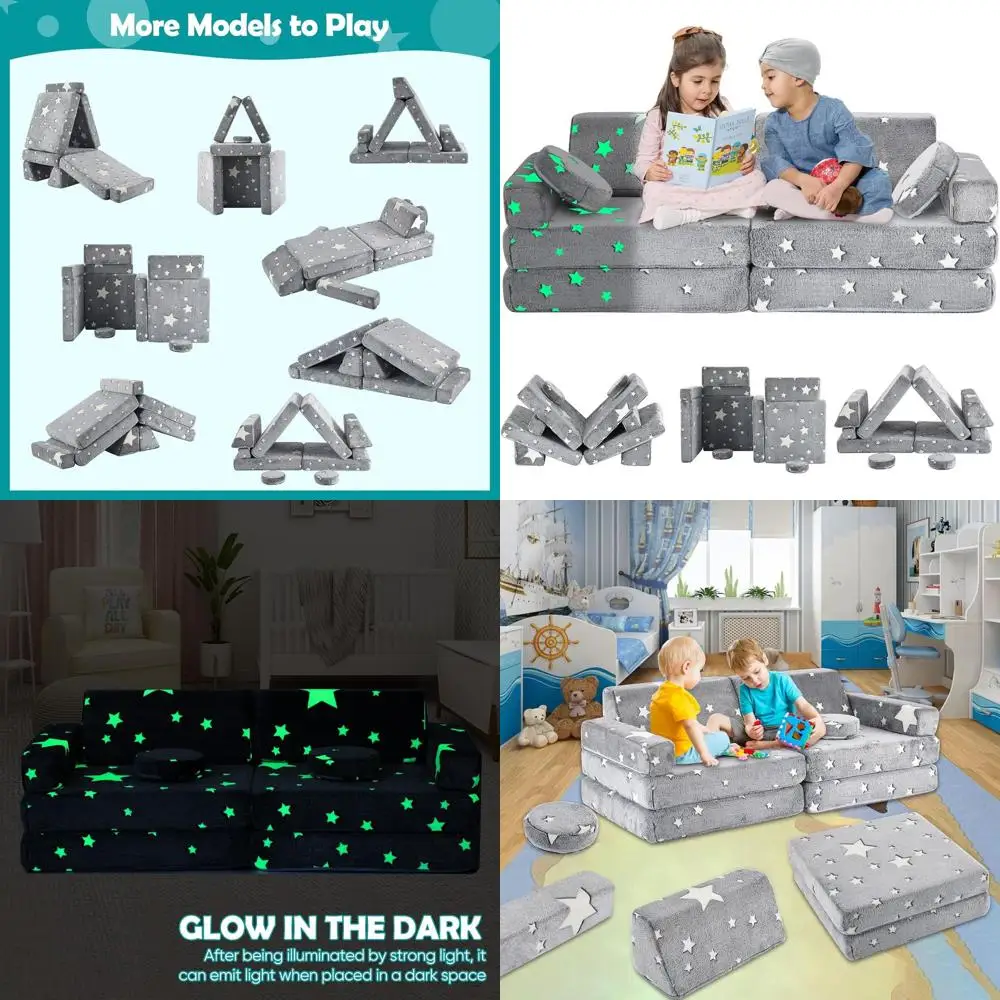 10-częściowy zestaw sof dla dzieci, kanapy w rozmiarze dla maluchów, konstrukcja modułowa do zabawy i odpoczynku w jaskrawych kolorach