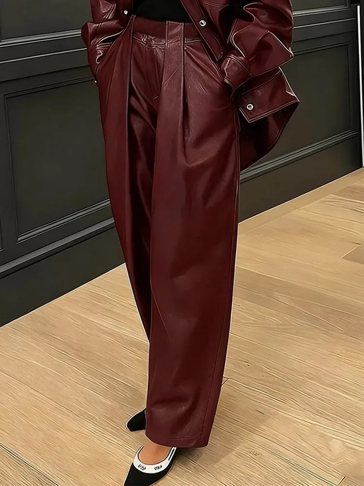 

Tinaa Women's 2026 New Faux Leather High Waisted Pleated Straight Leg Pants Pockets Solid Color Loose Streetwear Casual Trousers
