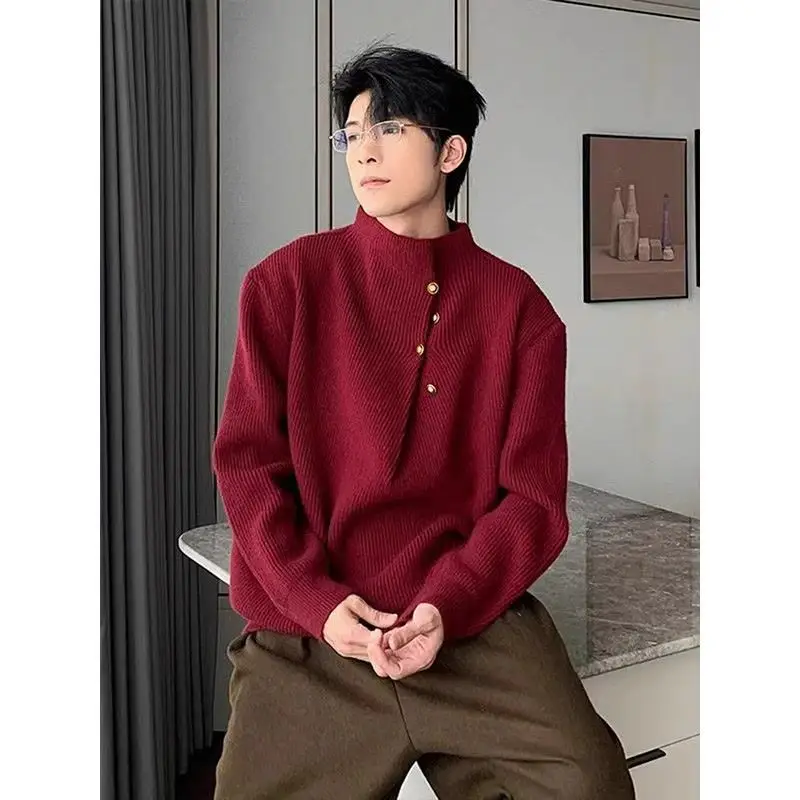 

Dark gray irregular button design half turtleneck sweater for men autumn and winter old money trendy hairstylist knitted sweater