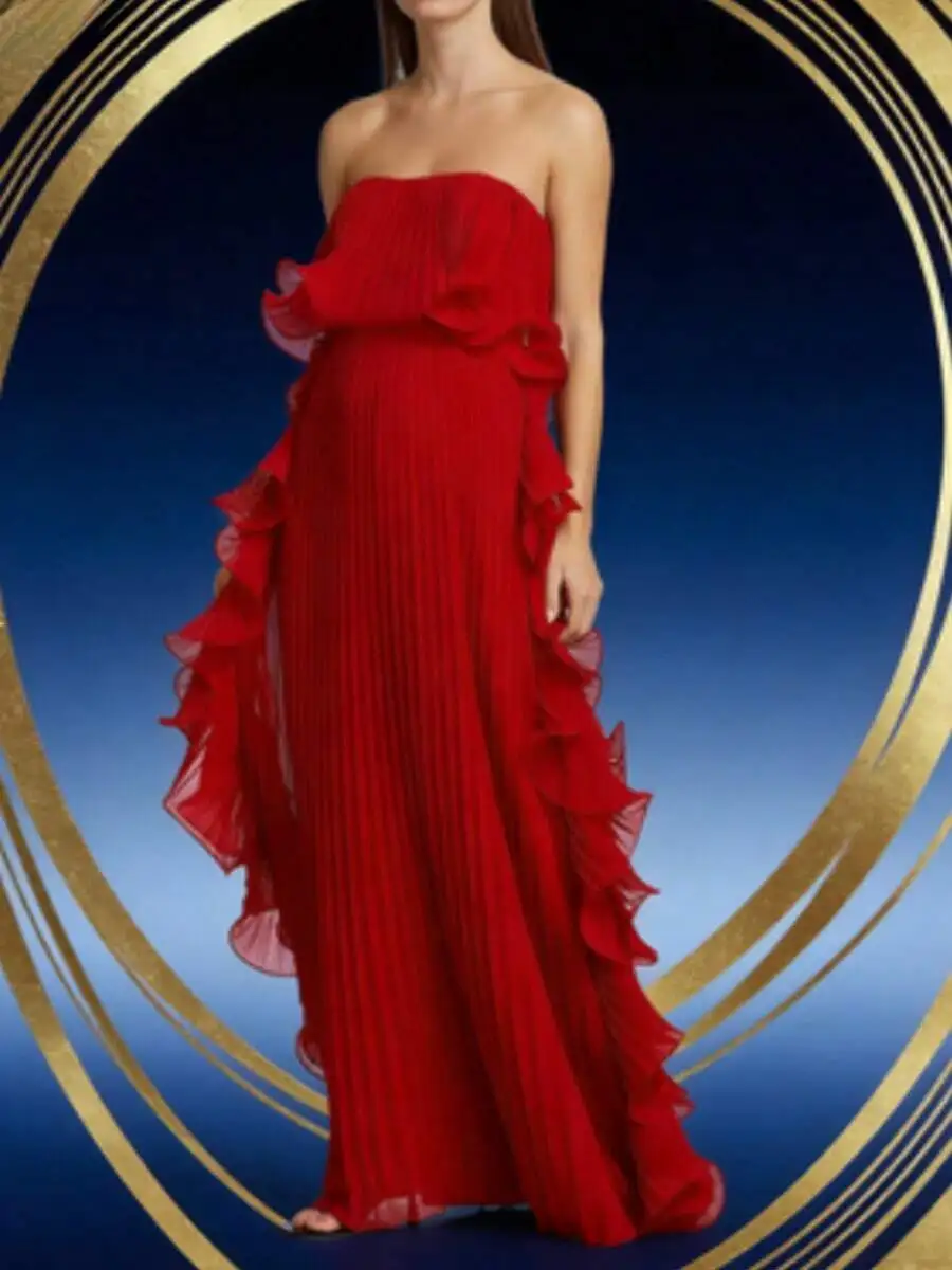 

Elegant Red Pleated Strapless Maxi Dress With Ruffle Detail