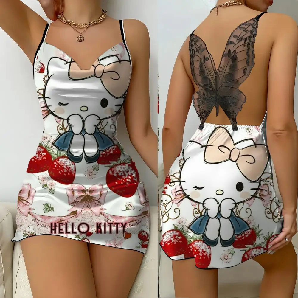 

Summer Cool Beach Skirt Sanrio's Hello Kitty Cute and Unique Mini Skirt Fashion Lettuce Edge Bow Sleeping Dress 2024 V-neck Dres