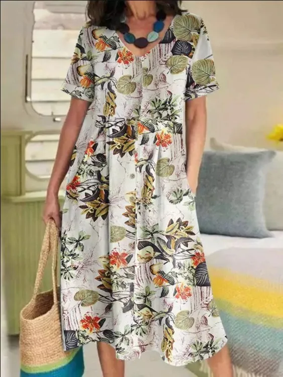 

Summer Fashion Women Dress Solid Short Sleeve V-Neck Cotton Button Vestido Elegant Casual Oversized Women Vintage Party Dress