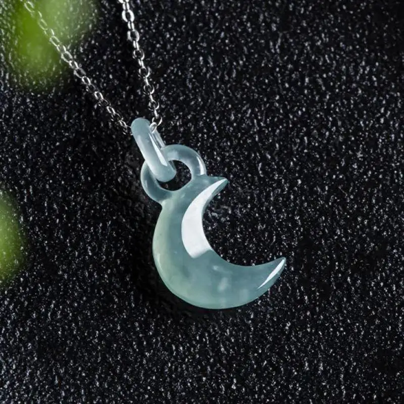 

Natural Myanmar Jadeite Moon Necklaces Women Fine Jewelry Genuine Certified Burma Blue Water Jade Moon Crescent Pendant Necklace