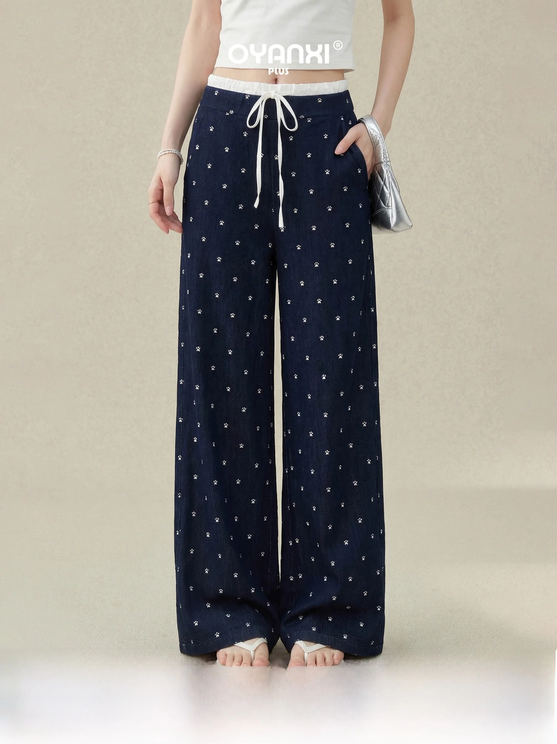 

American Retro Polka Dot Print Casual Pants Women plus Size Comfortable Loose Fit Wide Leg Pants Natural Waist Style