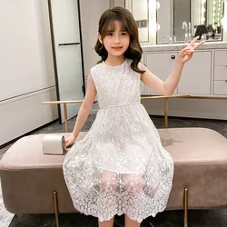 2023 summer Teenager kids Girls clothes floral mesh Princess white Dress lace off shoulder sleeveless 5 6 7 8 9 10 11 12 Years