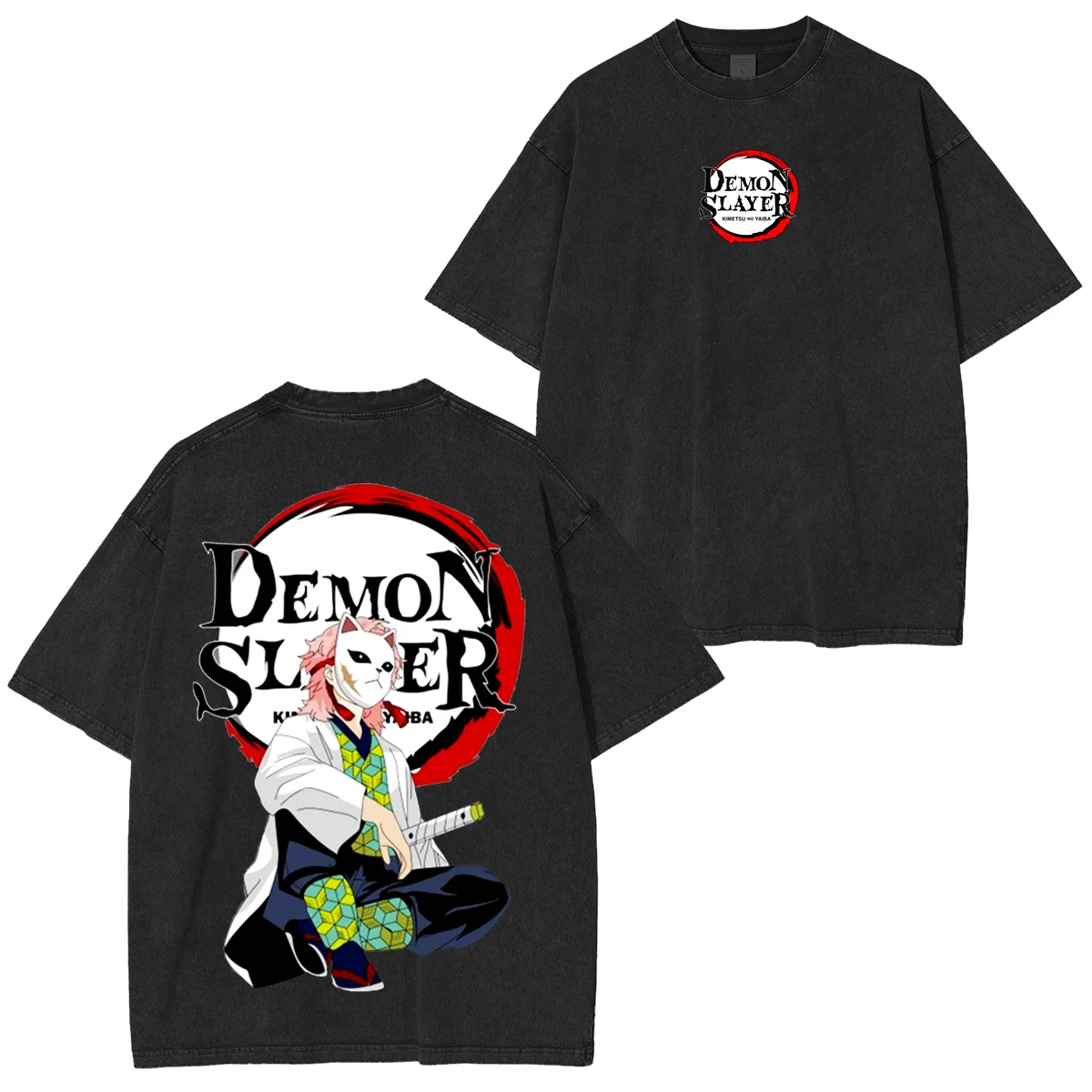 Unisex Anime Vintage Washed Graphic T-Shirt Demon Slayer Übergroße Casual Mann Frauen Kurzarm T-Shirt Y2k Kleidung Tops Harajuku