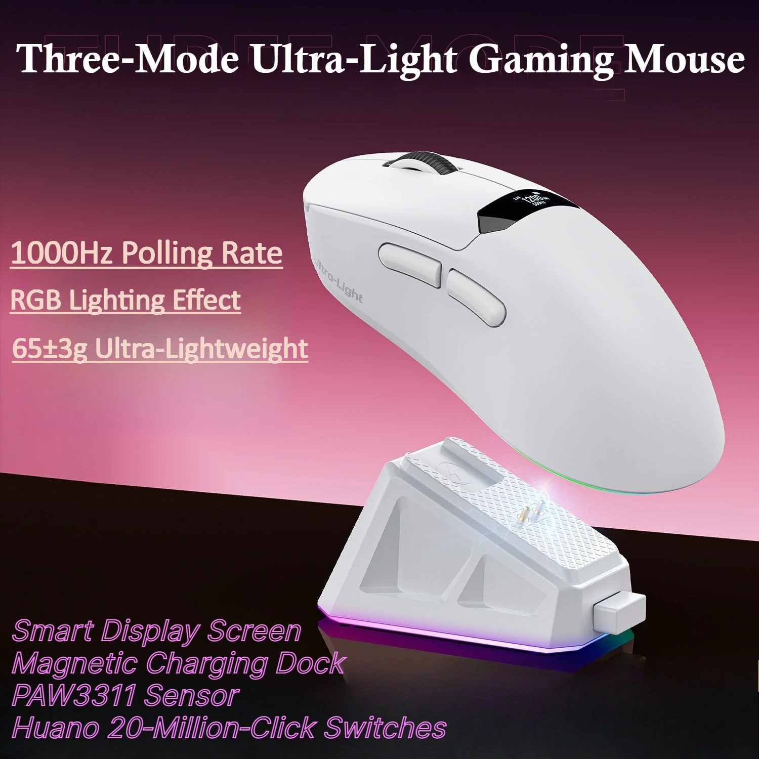 W606 Tri-Mode Lightweight Gaming Mouse PAW3311 Wireless Bluetooth With Smart Display Screen RGB Charging Dock For PC Gamer