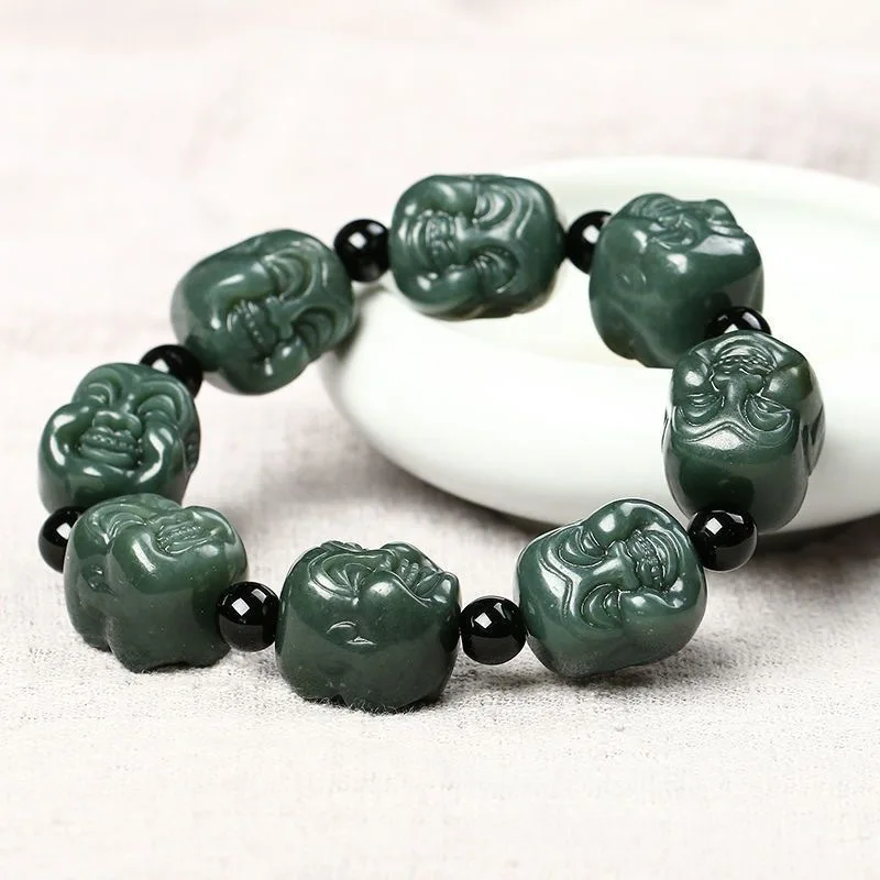Xinjiang Hotan Jade Bracelet for Men, Green Jade Buddha Bead Bracelet, Couple's Single-Loop Jewelry, Men's Natural Jade Accessor