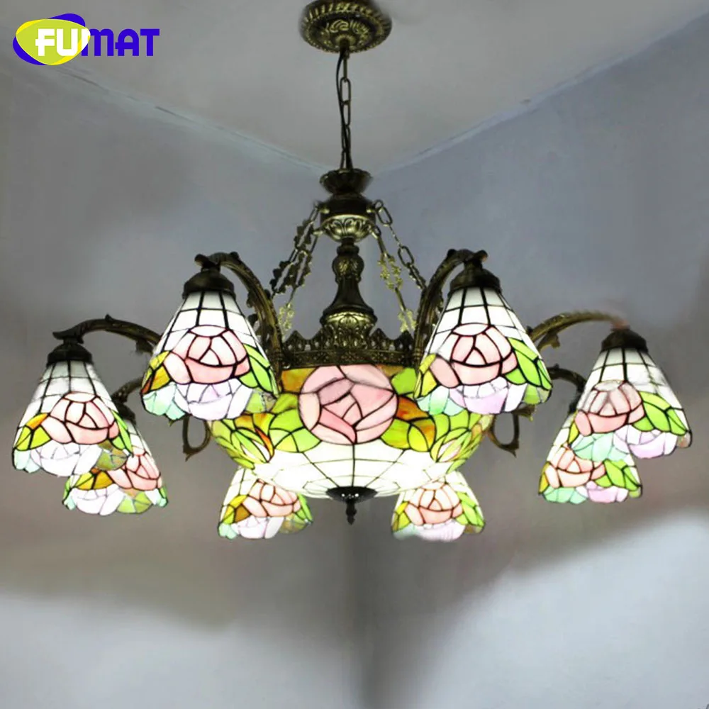 

FUMAT Chandelier Rose Flower European Vintage Colorful Glass Lustre Hanging Lamp LED Light for Dining Room Living Room Bedroom