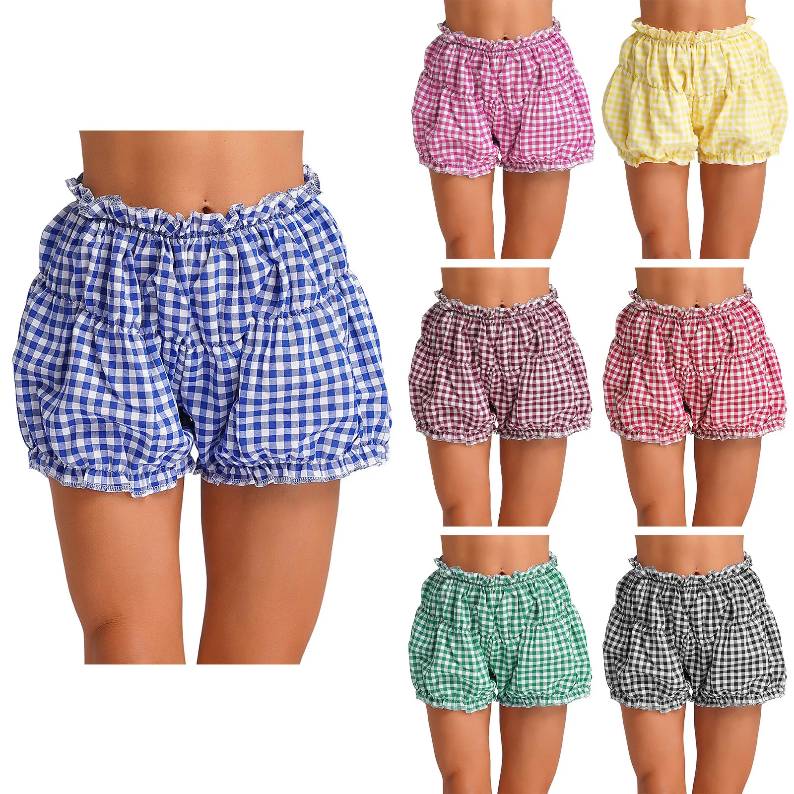 Damskie spodenki w kratkę Lolita Bloomers elastyczny pas niski wzrost nadruk w kratę potargane luźne spodnie spodenki ochronne Streetwear