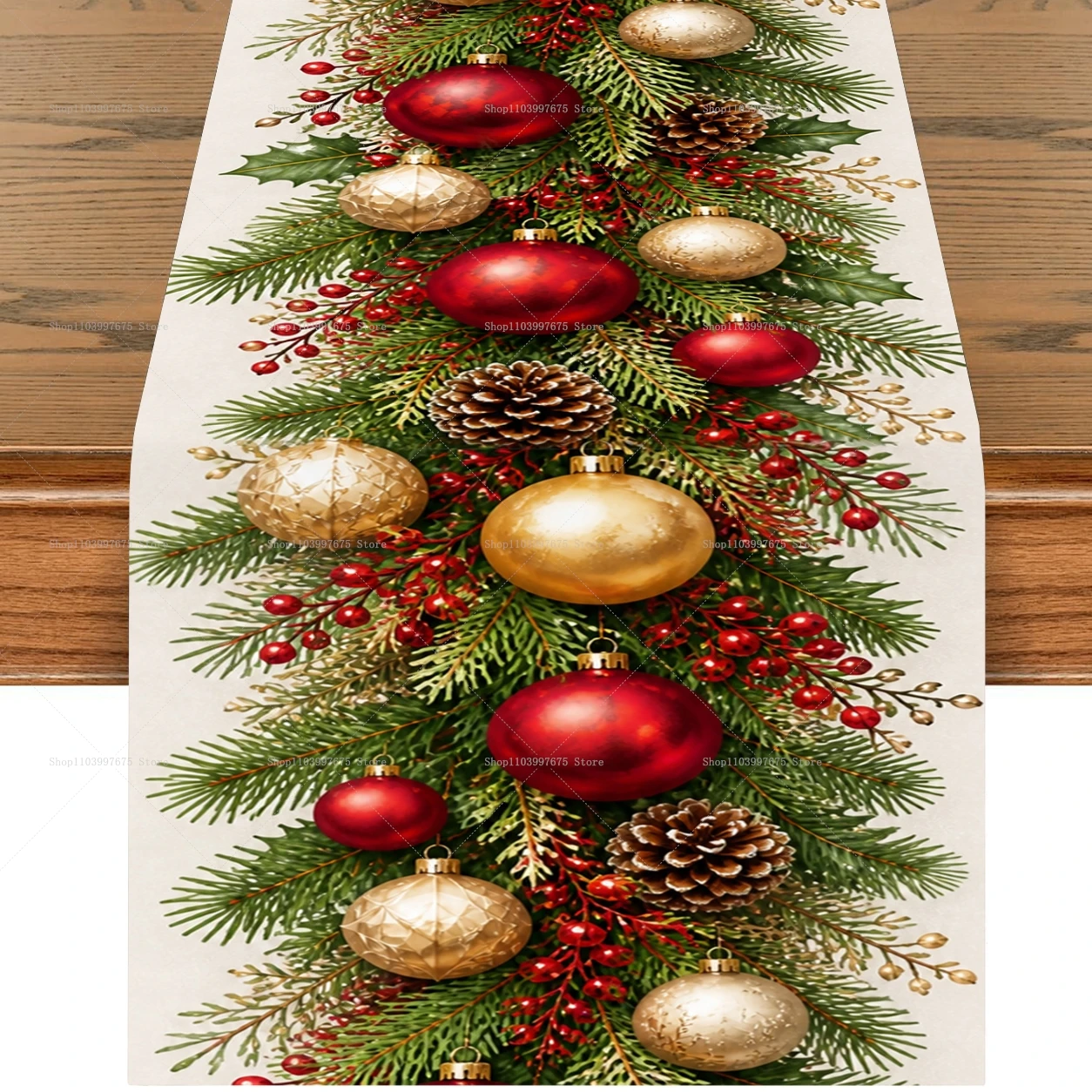 Christmas Table Runner Red Gold Ornaments Pine Branches Berries Design Seasonal Winter Xmas Party Kitchen Dining Table Decor
