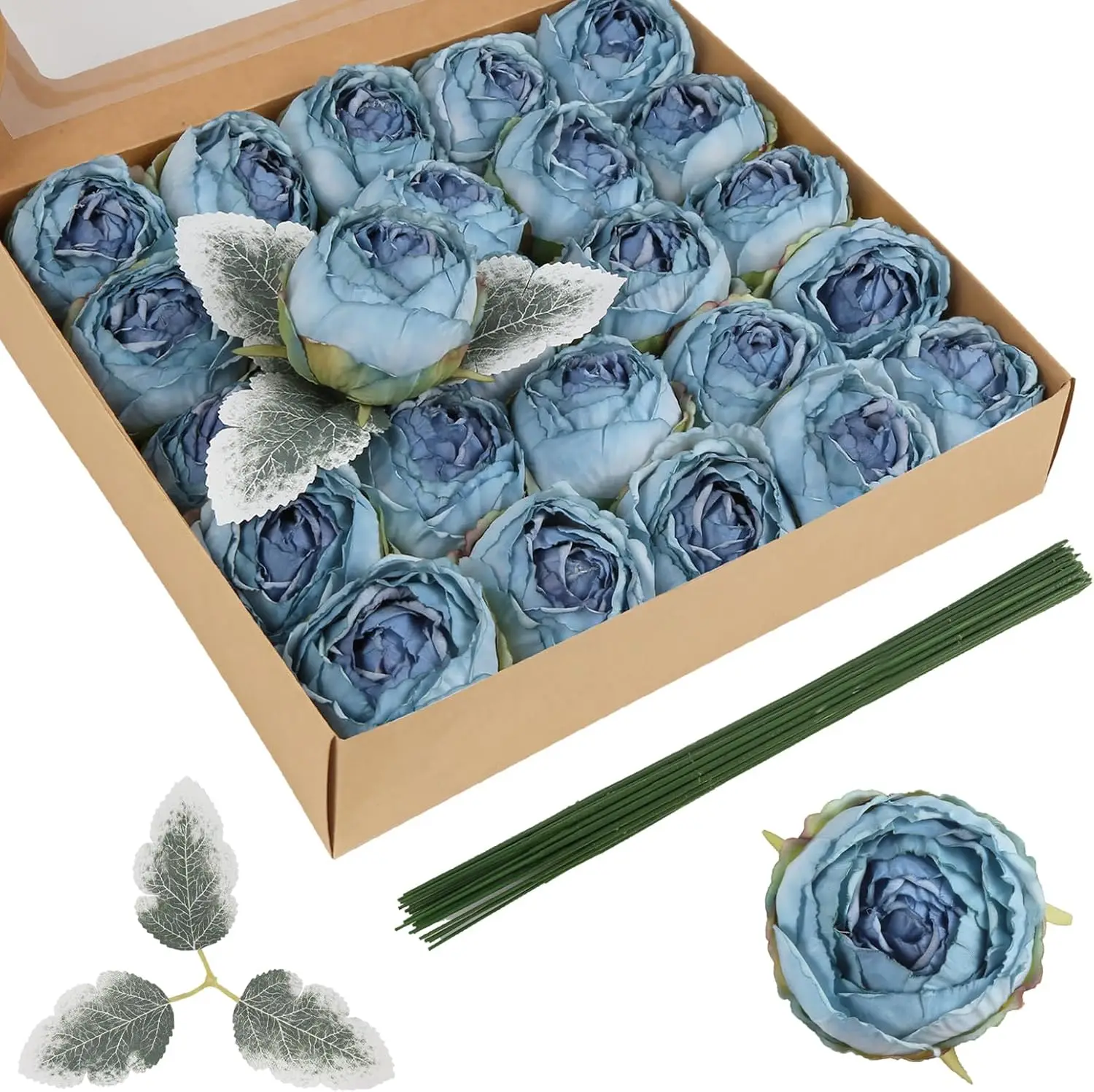 

24PCS Artificial Peony Flower Heads 2.56" Fake Blue Flowers Silk Peonies with Stems Real Look for DIY Wreaths Wedding Bo