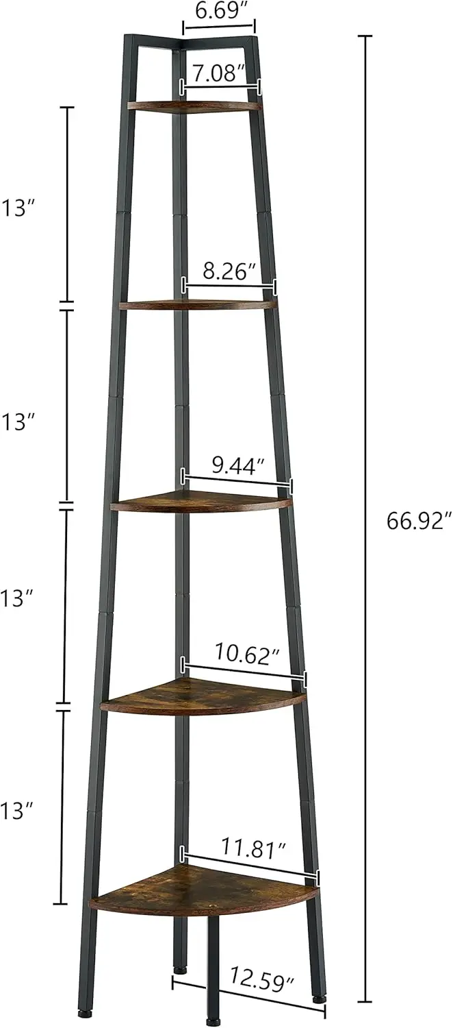

Corner Shelf, 5-Tier Corner Bookshelf, Rustic Ladder Shelf, Industrial Display Stand for Living Room, Kitchen, Home Office